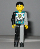 LEGO tech001 Technic Figure Black/Light Gray Legs, Dark Turquoise Torso with Yellow, Black, Silver Pattern, Light Gray Mechanical Left Arm